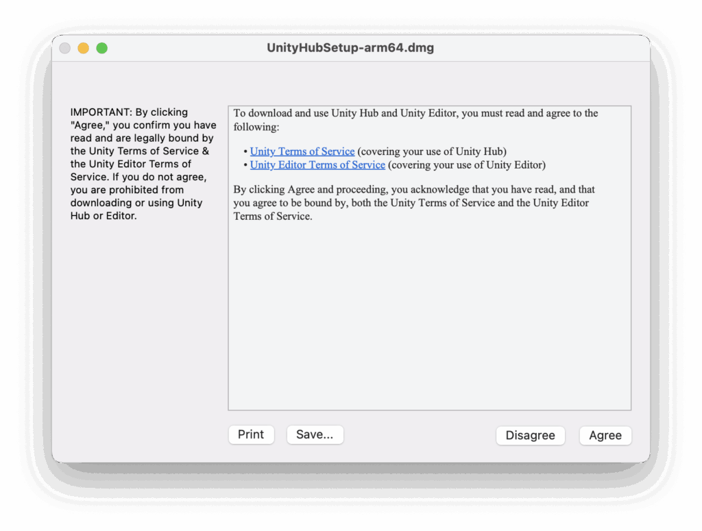 Unity Hubのライセンス規約同意画面