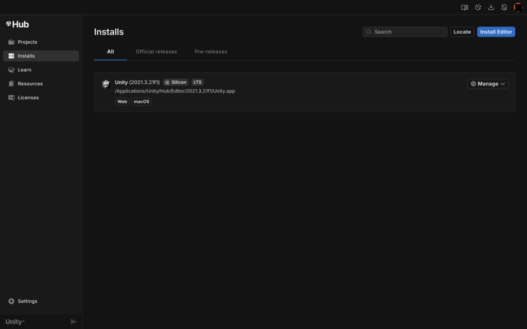 Unity HubのInstallsタブとInstall Editorボタン
