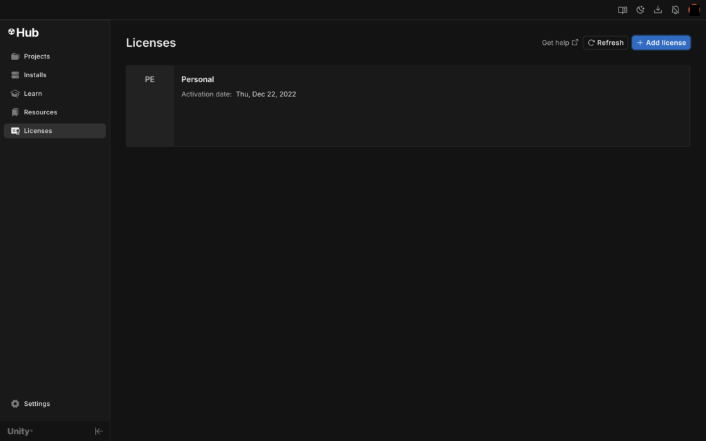 Unity HubのPreferencesからLicensesタブを選択