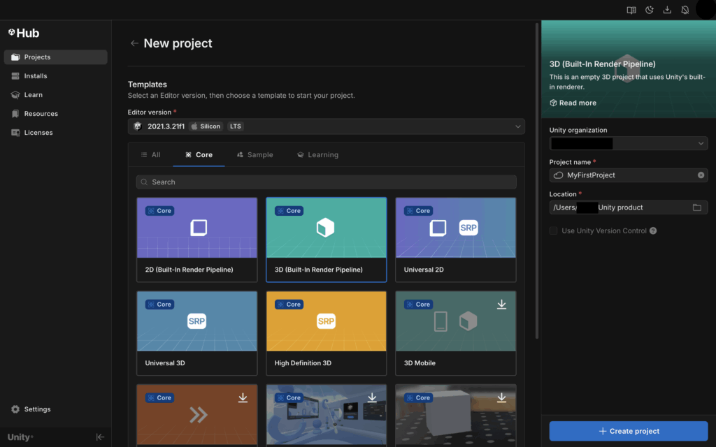 Unityの新規プロジェクト作成画面