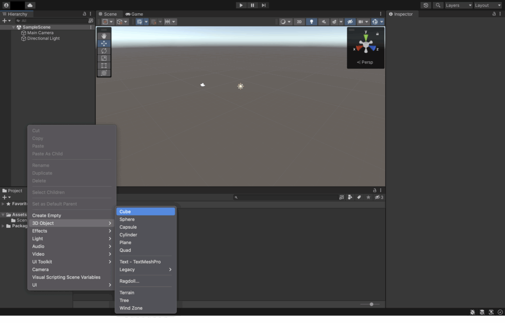 Hierarchyウィンドウで3D ObjectからCubeを選択
