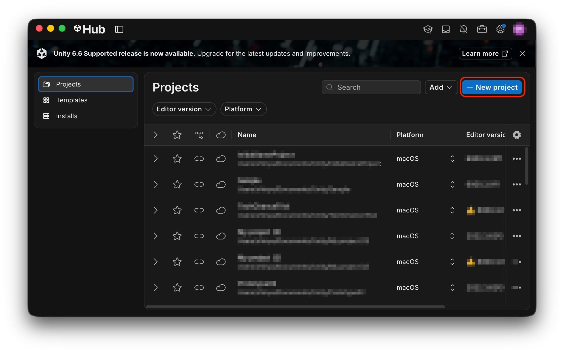 UnityのNewProject設定画面