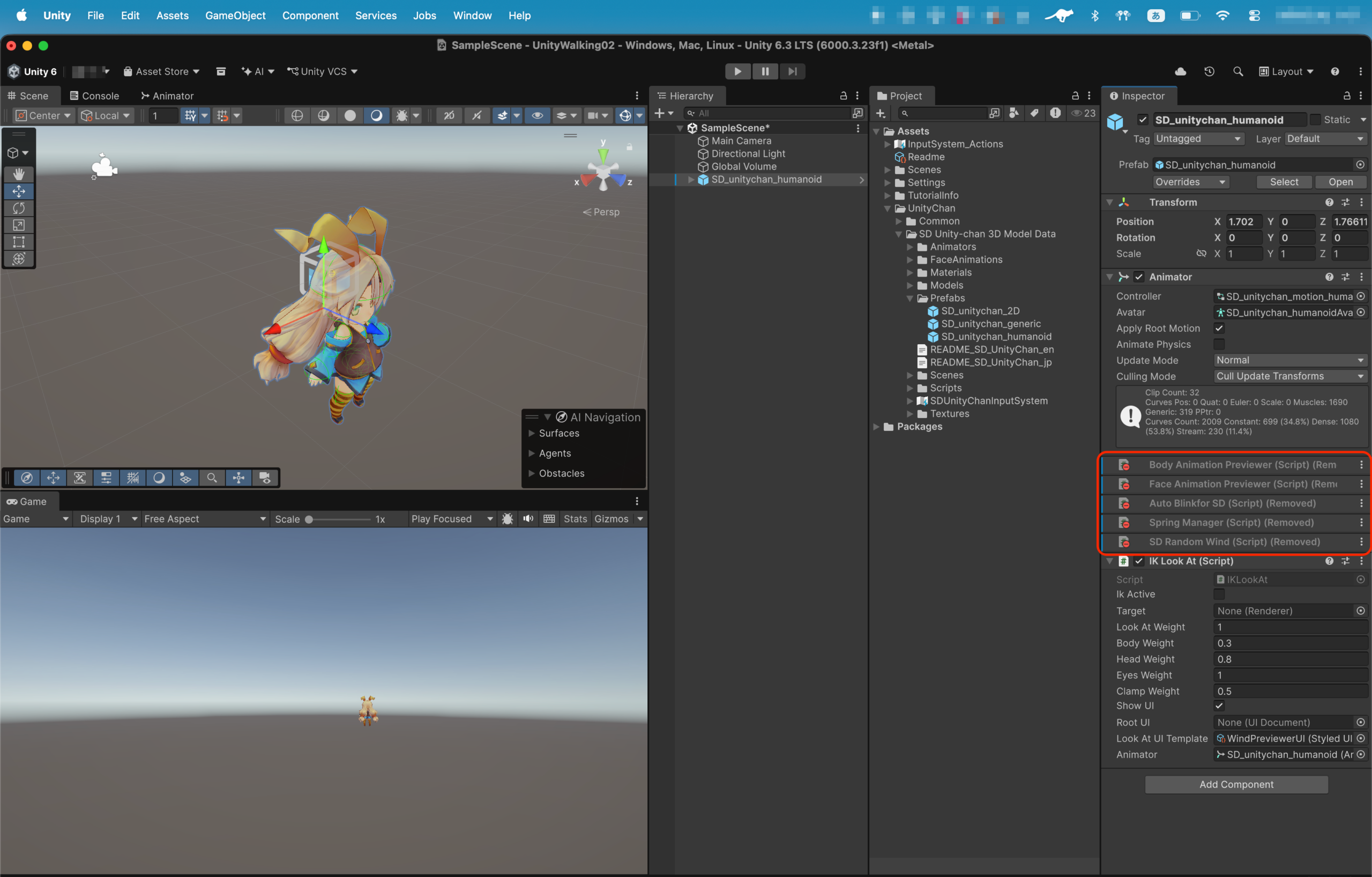 UnityChanの不要コンポーネントを無効化したInspector