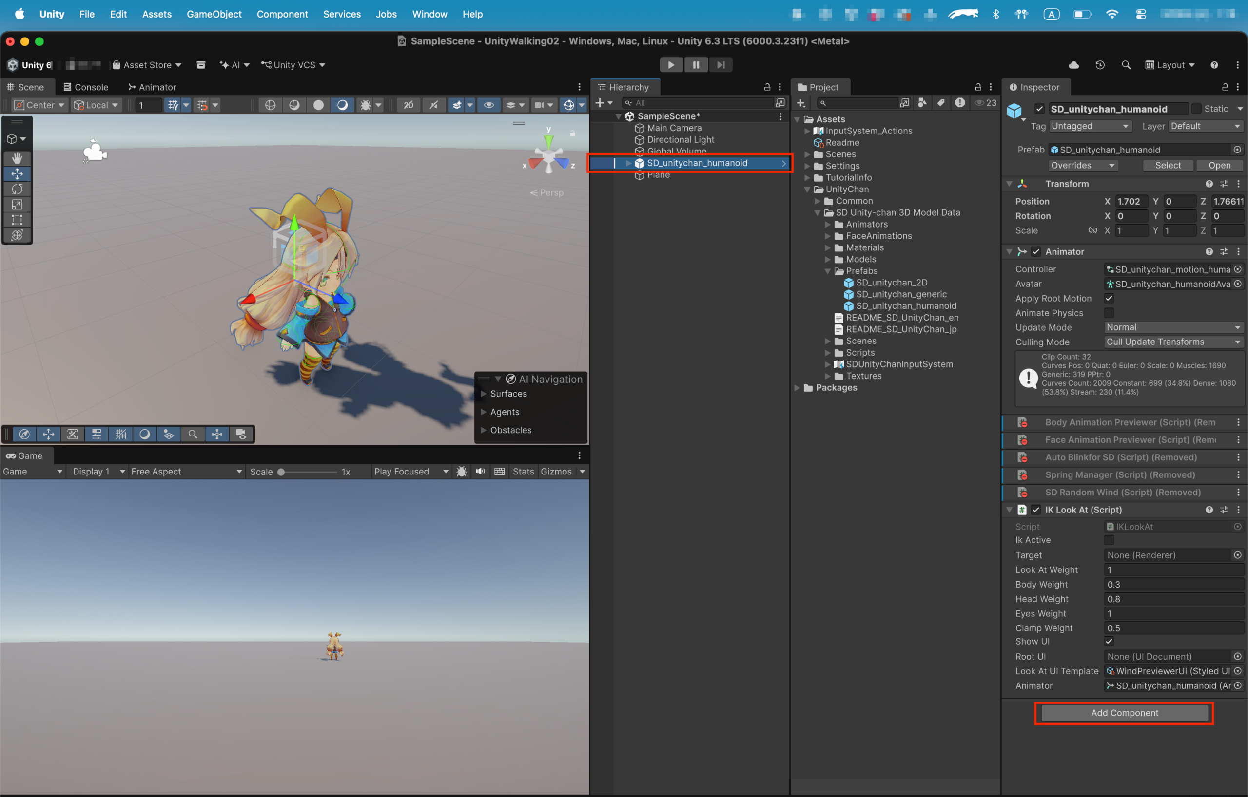 RigidbodyとCapsule Colliderを追加する画面