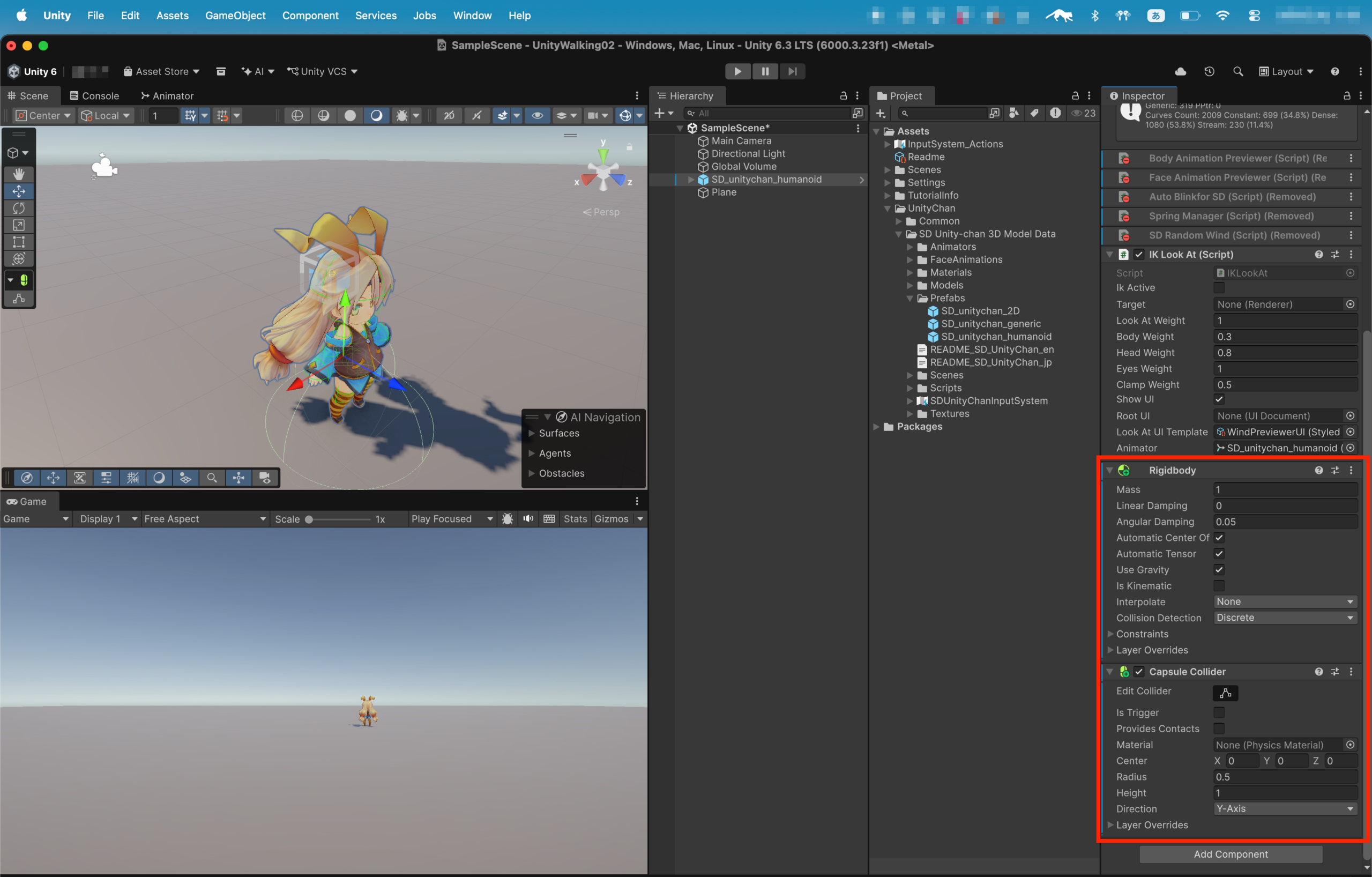 RigidbodyとCapsule Colliderを追加する画面