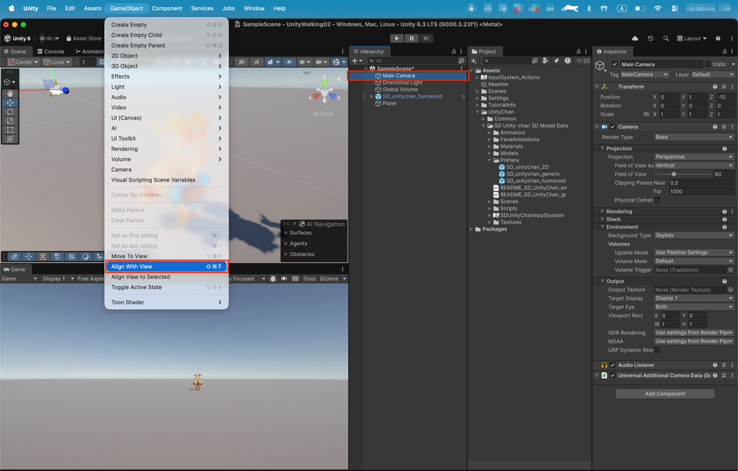 Main CameraのGame ObjectをAlignWithViewに