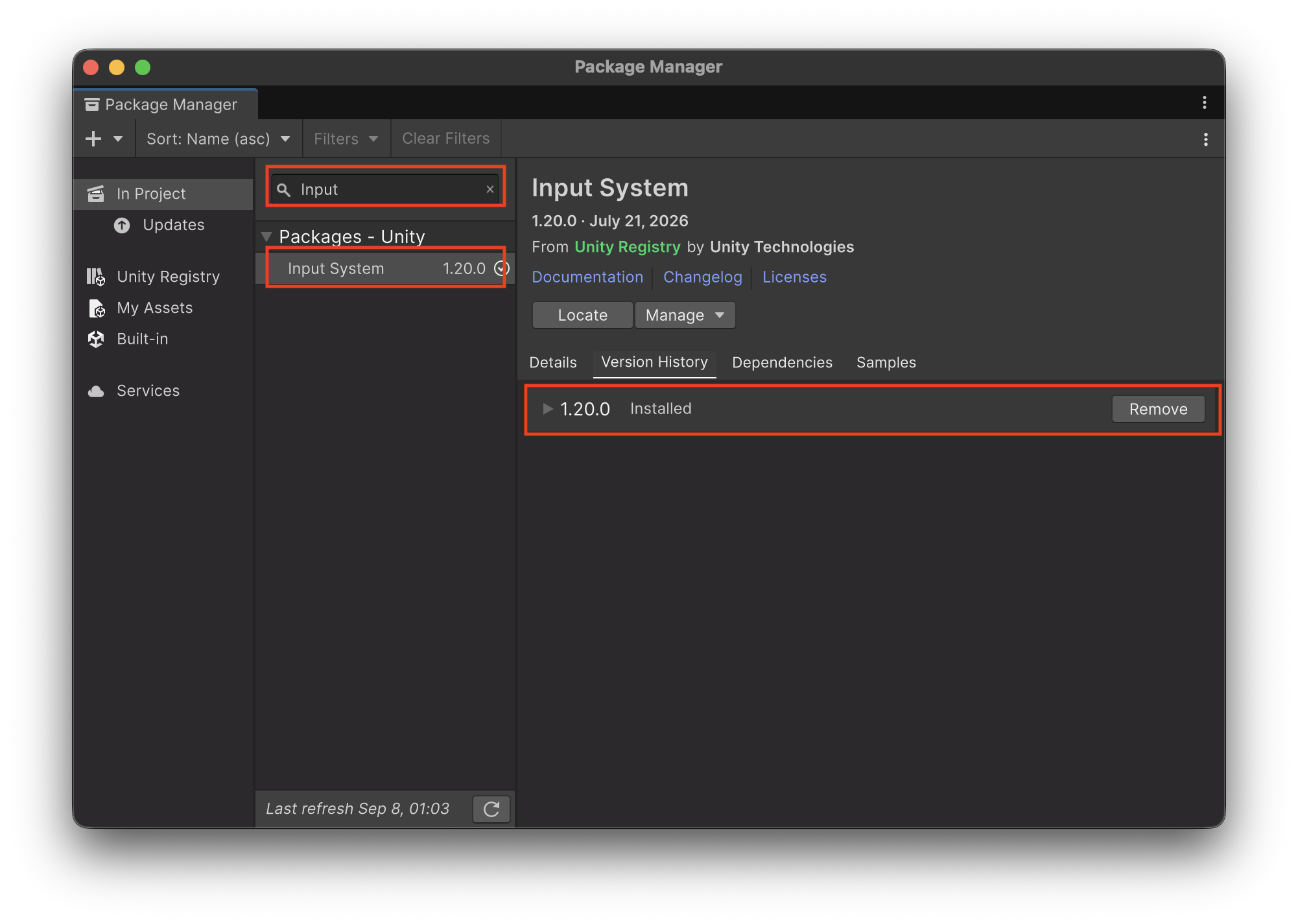 Package ManagerでInput SystemがInstalledになっている画面