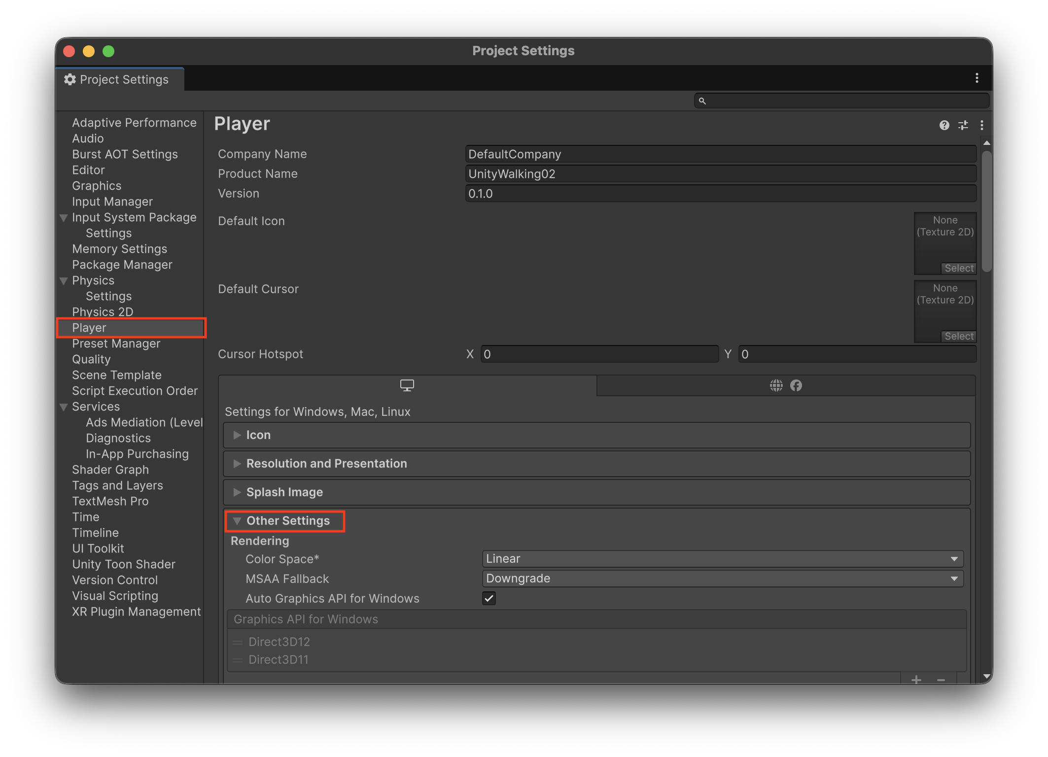 Active Input HandlingをInput System Package (New)に設定した画面