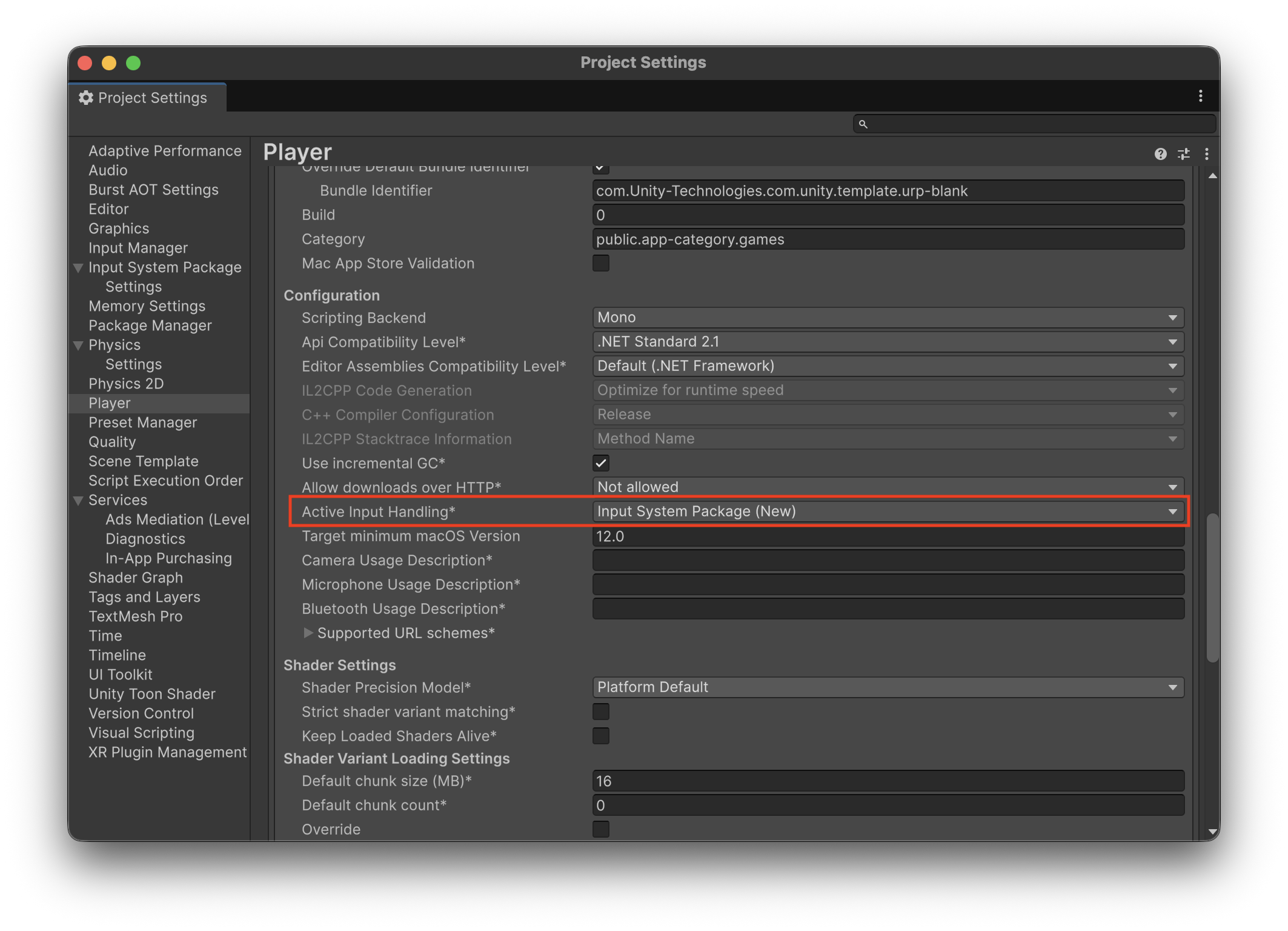 Active Input HandlingをInput System Package (New)に設定した画面