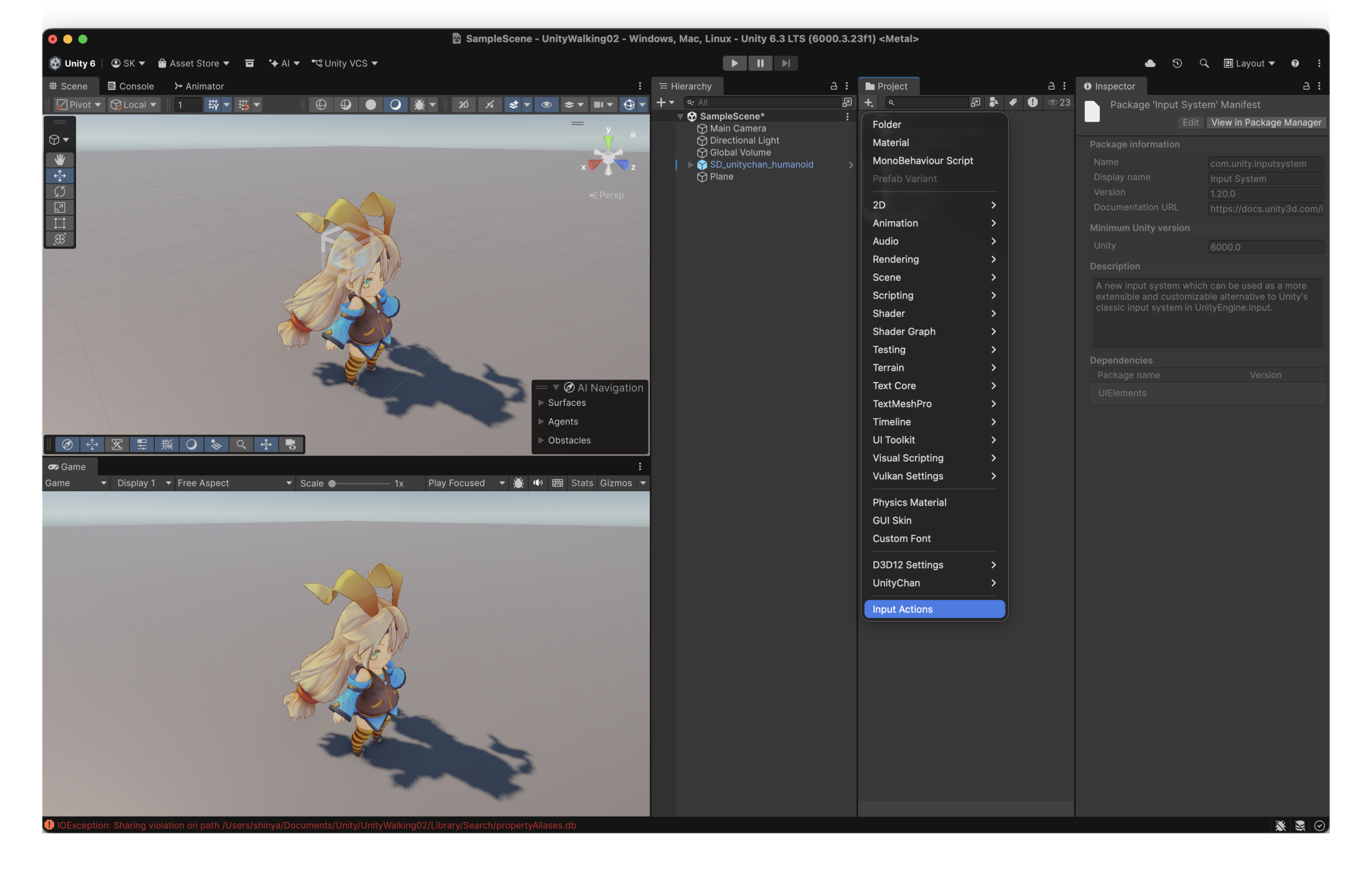 ProjectウインドウからInput Actionsを作成している画面