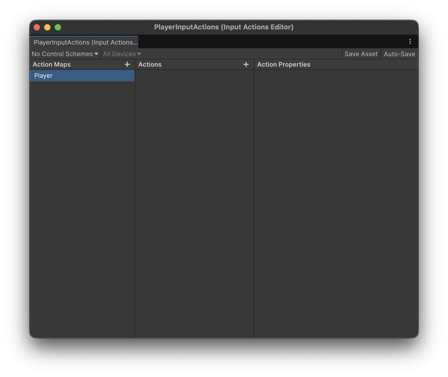 Input Actions画面でPlayer Action Mapを作成した状態
