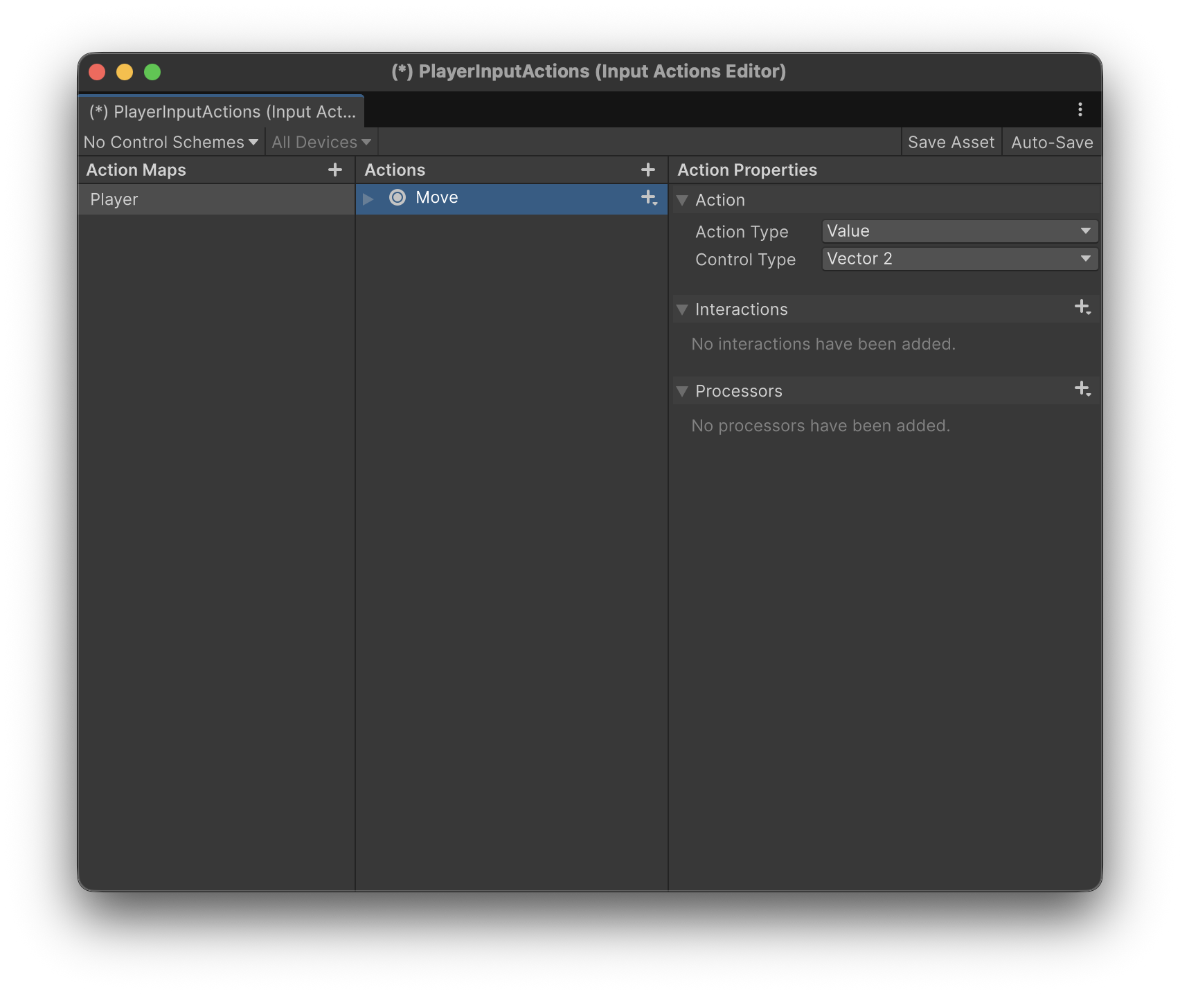 Move ActionのAction TypeをValue、Control TypeをVector2にした画面