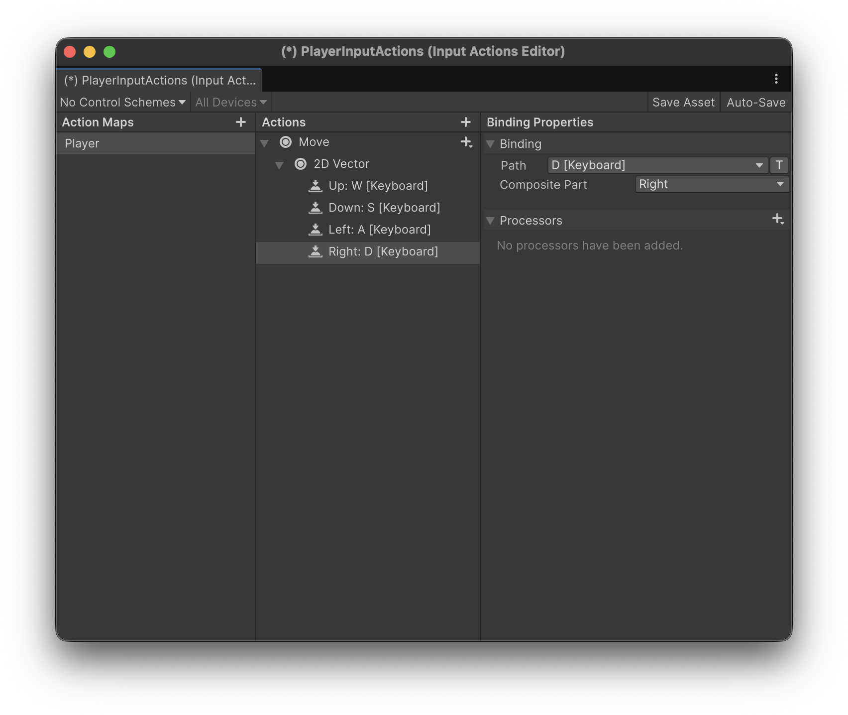 Moveの2D Vector CompositeにWASDを設定した画面