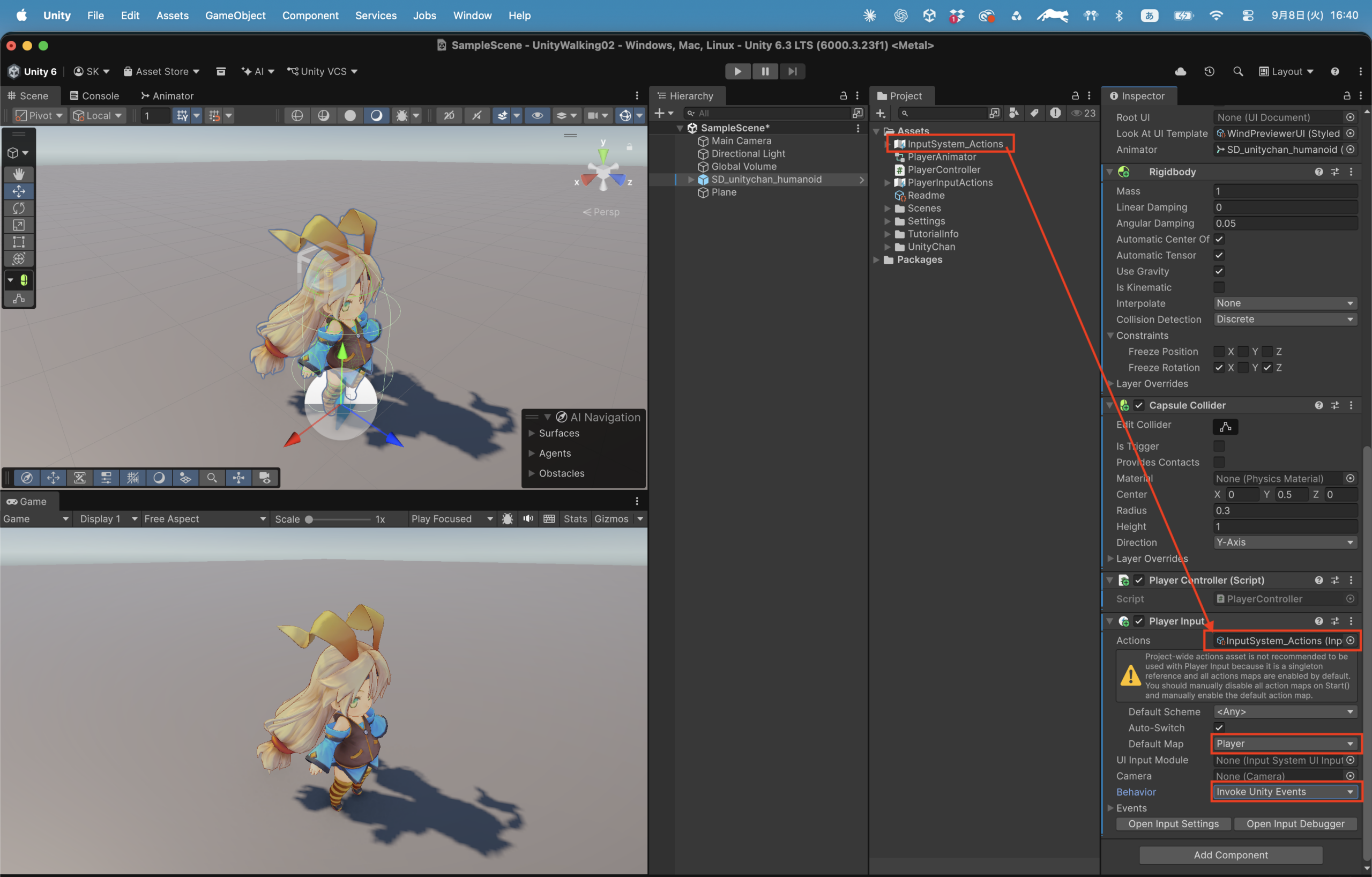 Player InputでActions・Default Map・Behaviorを設定した状態