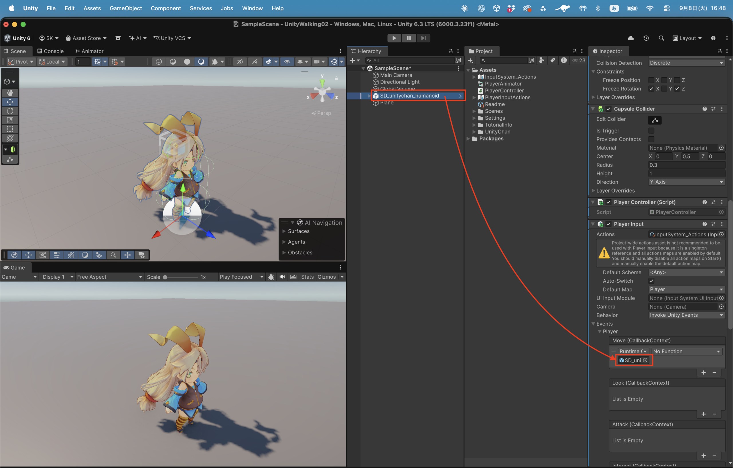 Player InputのMoveイベントにGameObjectを登録している画面