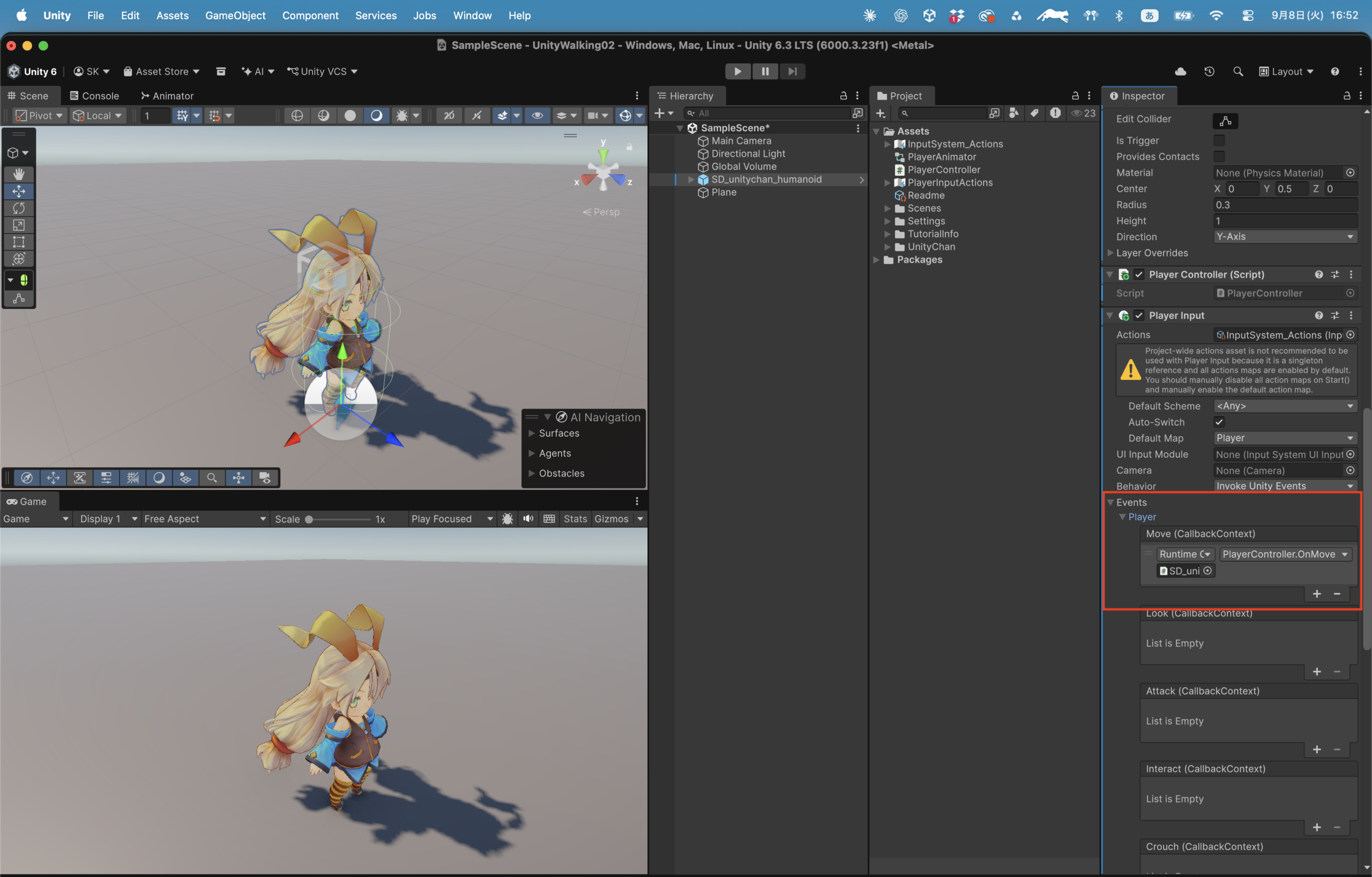 MoveイベントからPlayerController.OnMoveを選択している画面